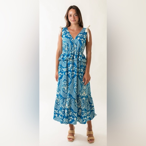Moon River Blue & White Border Print Ruffle Tie Strap Midi Dress | Size S​ - Picture 3 of 11